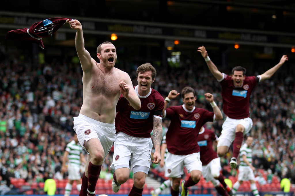 Hearts celebrate after scoring the winning goal in The William Hill Scottish Cup Semi Final against Celtic in 2012