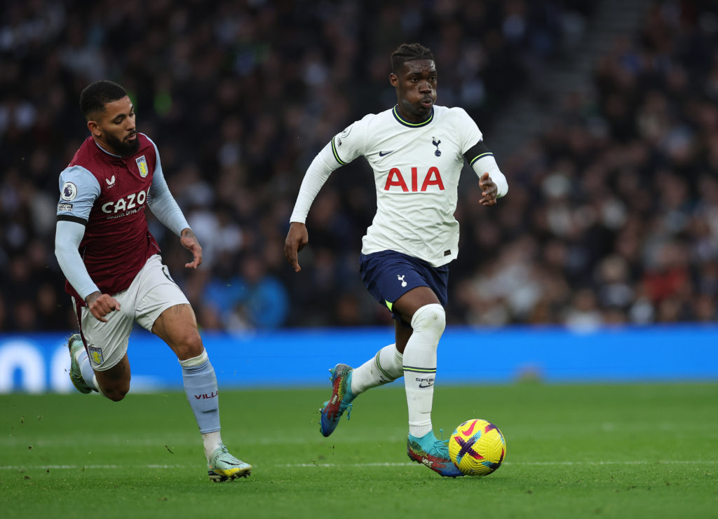 Yves Bissouma strides past Douglas Luiz in a game between Tottenham and Aston Villa