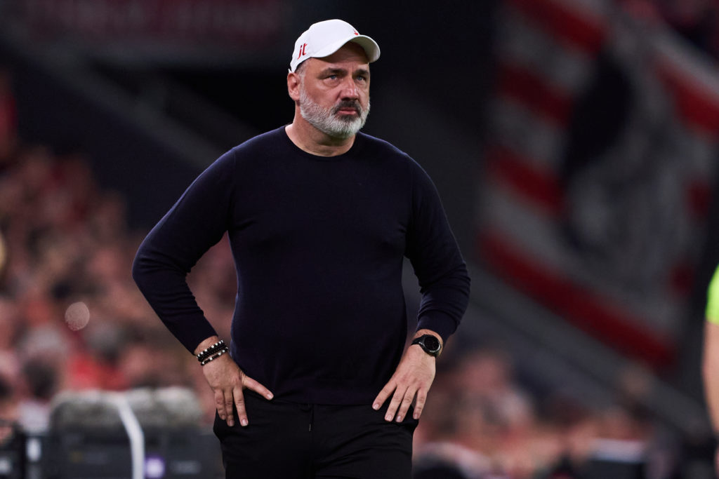 Coach Jindrich Trpisovsky watches on during Athletic Club v SK Slavia Praha - UEFA Europa League 2024/25 League Phase MD3