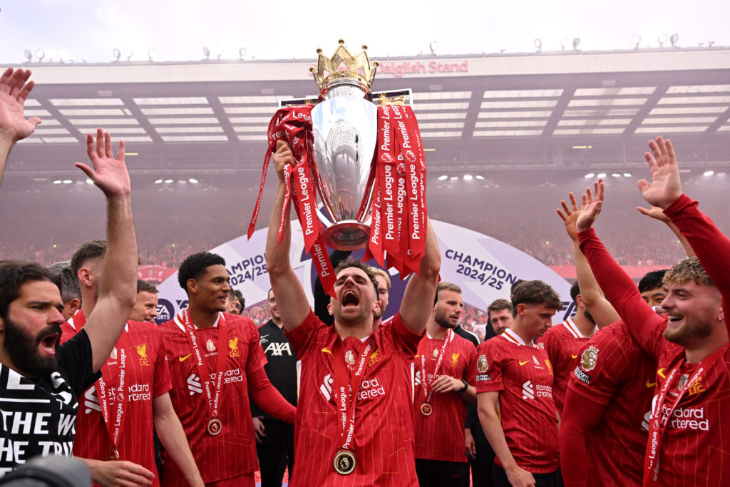 Diogo Jota celebrates winning the Premier League title after Liverpool FC v Crystal Palace FC