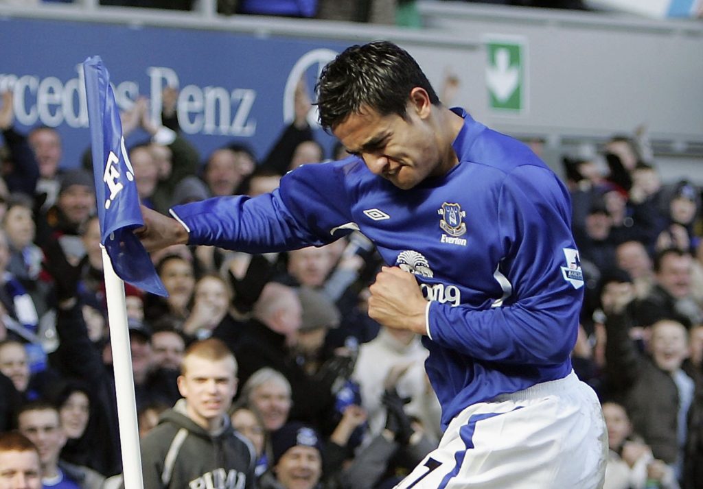 Tim Cahill celebrates scoring during Everton v Aston Villa