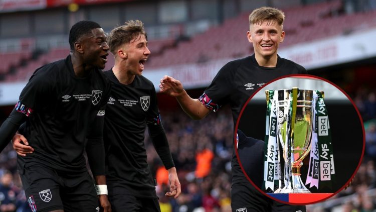 Main image, Gideon Kodua of West Ham United celebrates with team mates after scoring the team's third goal during the FA Youth Cup Final match betw...
