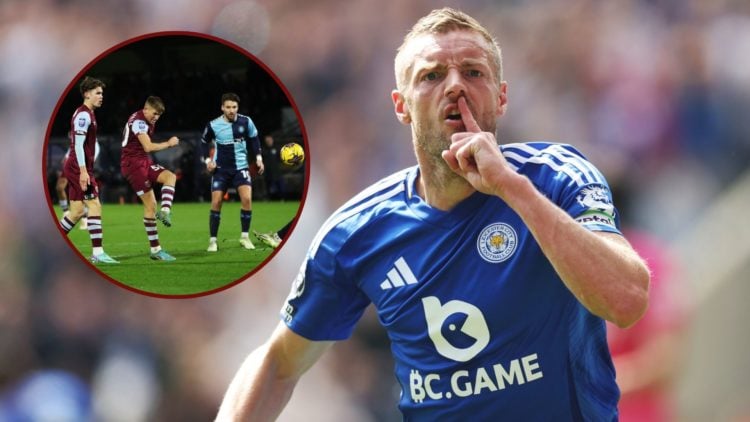 Main image, Jamie Vardy of Leicester City celebrates scoring his team's first goal which marks his 200th goal for Leicester City during the Premier...
