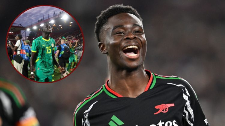 Main image, Bukayo Saka celebrates scoring Arsenal's 3rd goal during the Premier League match between West Ham United FC and Arsenal FC at London S...