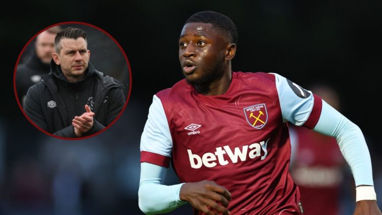 Main image, Gideon Kodua of West Ham United during the Pre-Season Friendly between Borehamwood and West Ham United at Meadow Park on July 10, 2023 ...