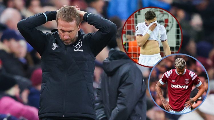 Main image, Graham Potter, head coach of West Ham United, looks dejected during the Premier League match between Aston Villa FC and West Ham United...