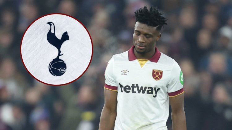 A dejected Mohammed Kudus playing for West Ham before his move to Spurs. Inset, the Tottenham badge