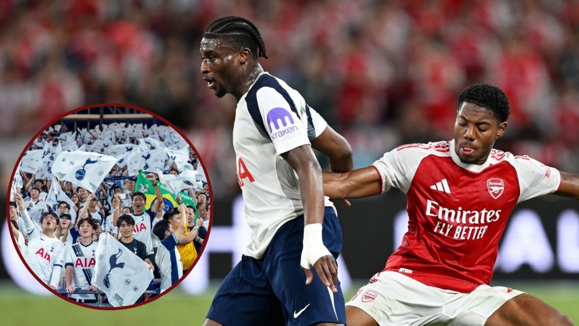 Main image, Mohammed Kudus of Tottenham Hotspur is challenged by Myles Lewis-Skelly of Arsenal during the Pre-Season Friendly match between Arsenal...