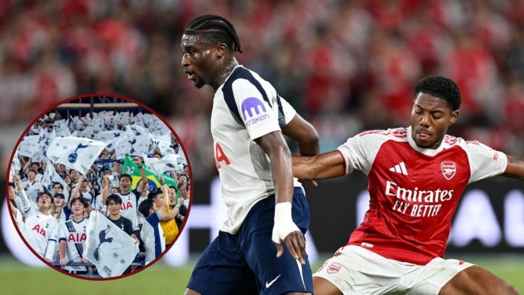 Main image, Mohammed Kudus of Tottenham Hotspur is challenged by Myles Lewis-Skelly of Arsenal during the Pre-Season Friendly match between Arsenal...