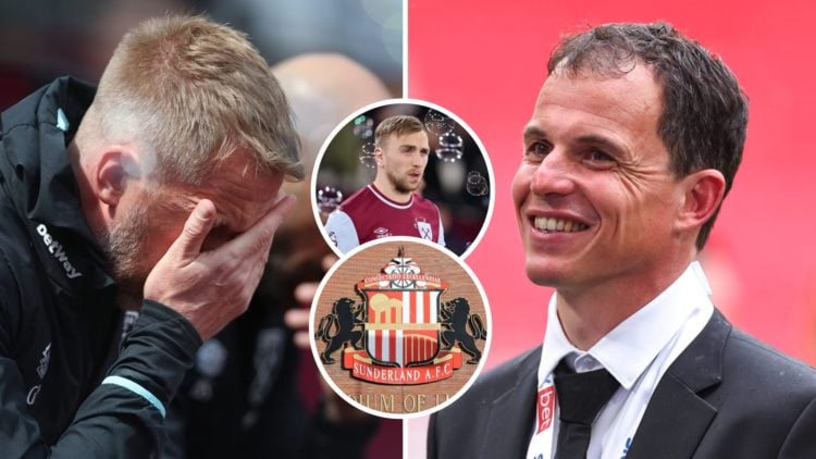 A dejected West Ham head coach Graham Potter and an elated Sunderland boss Regis Le Bris. Inset, Hammers captain Jarrod Bowen and the Sunderland crest
