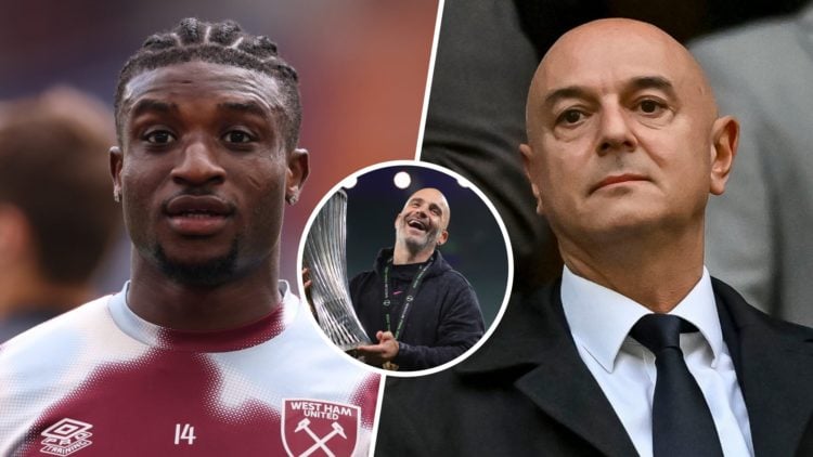 West Ham star Mohammed Kudus looks shocked and Spurs chairman Daniel Levy watches on from the stands. Inset, Enzo Maresca laughs after lifting the ...