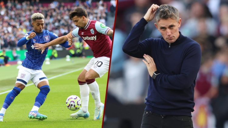 Split image showing Ipswich Town winger Omari Hutchinson and manager Kieran McKenna