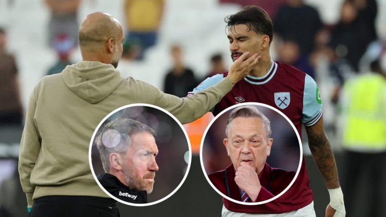 Man City boss Pep Guardiola greets West Ham star Lucas Paqueta. Inset, Hammers head coach Graham Potter and majority owner David Sullivan