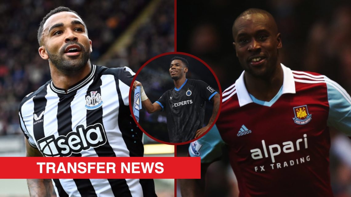Split image showing ex-Newcastle striker Callum Wilson, Carlton Cole at West Ham, and Club Brugge midfielder Raphael Onyedika