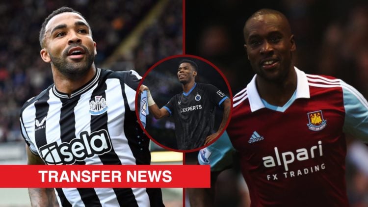 Split image showing ex-Newcastle striker Callum Wilson, Carlton Cole at West Ham, and Club Brugge midfielder Raphael Onyedika