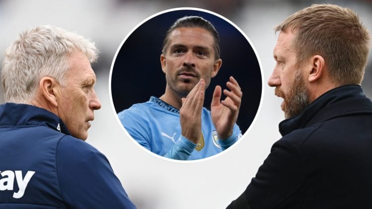 Former West Ham boss David Moyes in conversation with current Hammers head coach Graham Potter. Inset, Man City outcast Jack Grealish