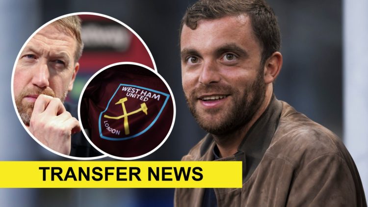 Transfer reporter Fabrizio Romano is all smiles. Inset, West Ham head coach Graham Potter in a press conference and the Hammers crest.