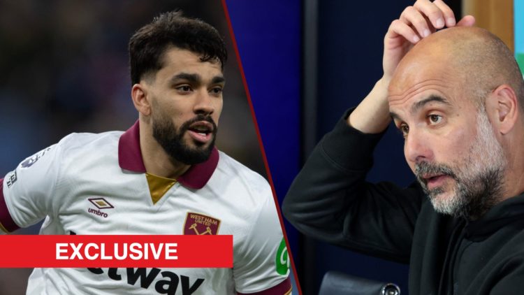 Split image showing West Ham midfielder Lucas Paqueta and Manchester City coach Pep Guardiola