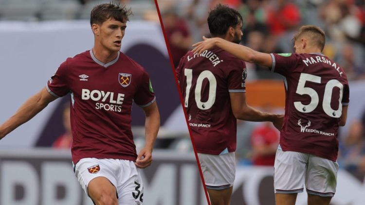 Split image showing West Ham United trio Freddie Potts, Lucas Paqueta and Callum Marshall