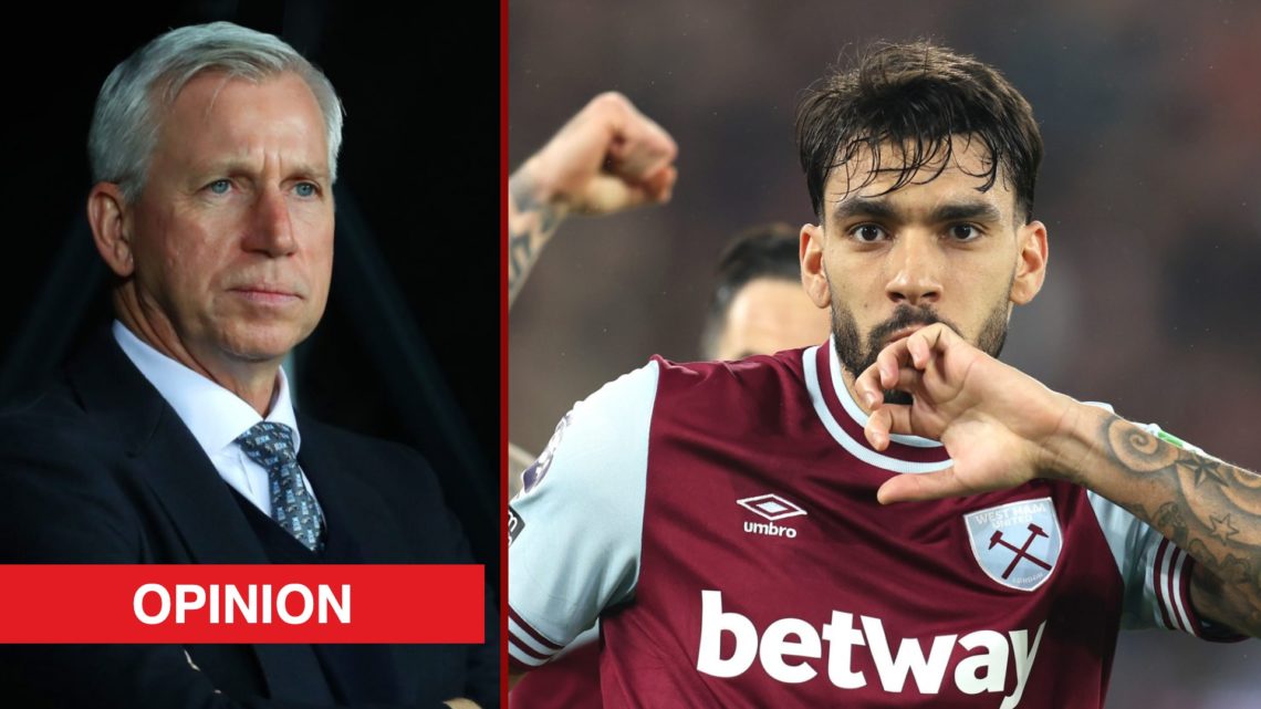 Split image showing former West Ham manager Alan Pardew and Hammers star Lucas Paqueta