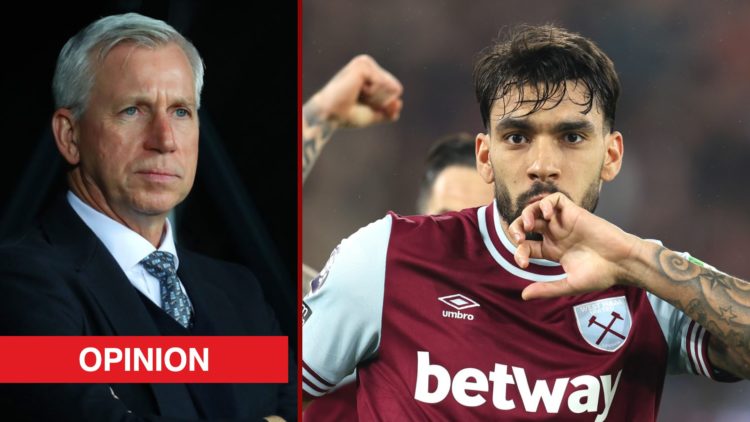 Split image showing former West Ham manager Alan Pardew and Hammers star Lucas Paqueta