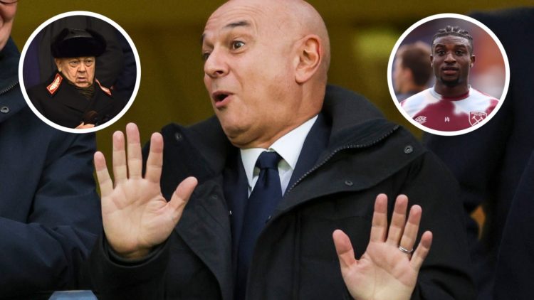 Spurs chairman Daniel Levy puts his hands up. Inset, West Ham majority owner David Sullivan and Hammers star Mohammed Kudus