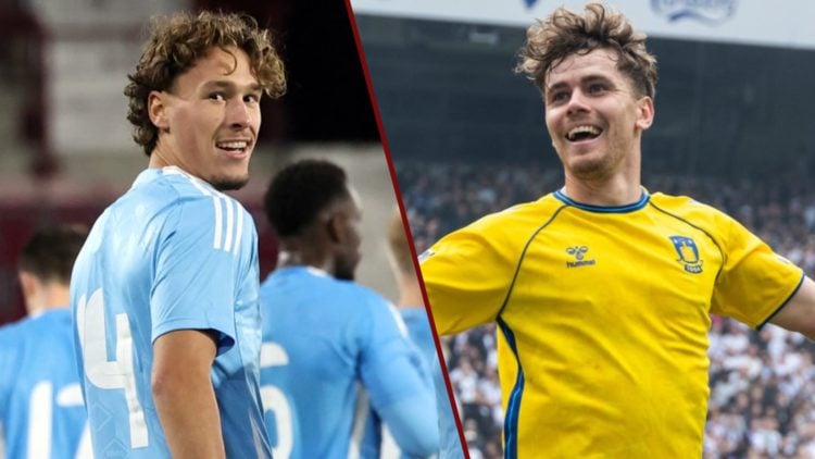 Split image showing St Etienne and Belgium youngster Lucas Stassin, and Brondby striker Mathias Kvistgaarden