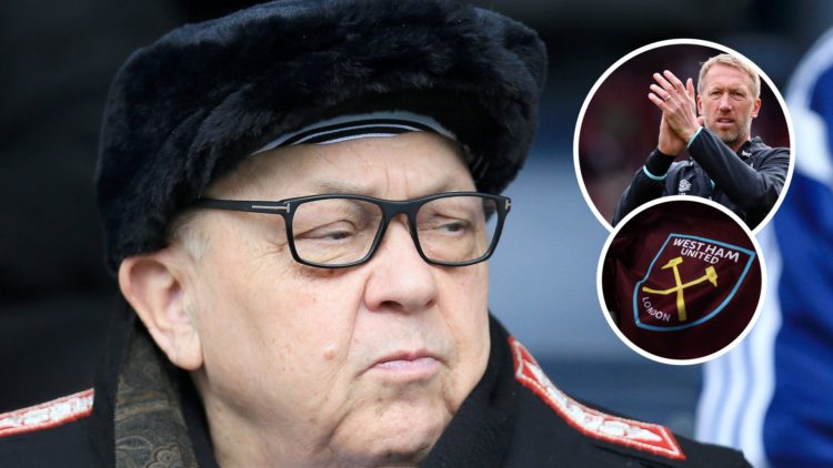 West Ham majority owner and director of football David Sullivan watches on from the stands. Inset, Hammers boss Graham Potter and the club badge.