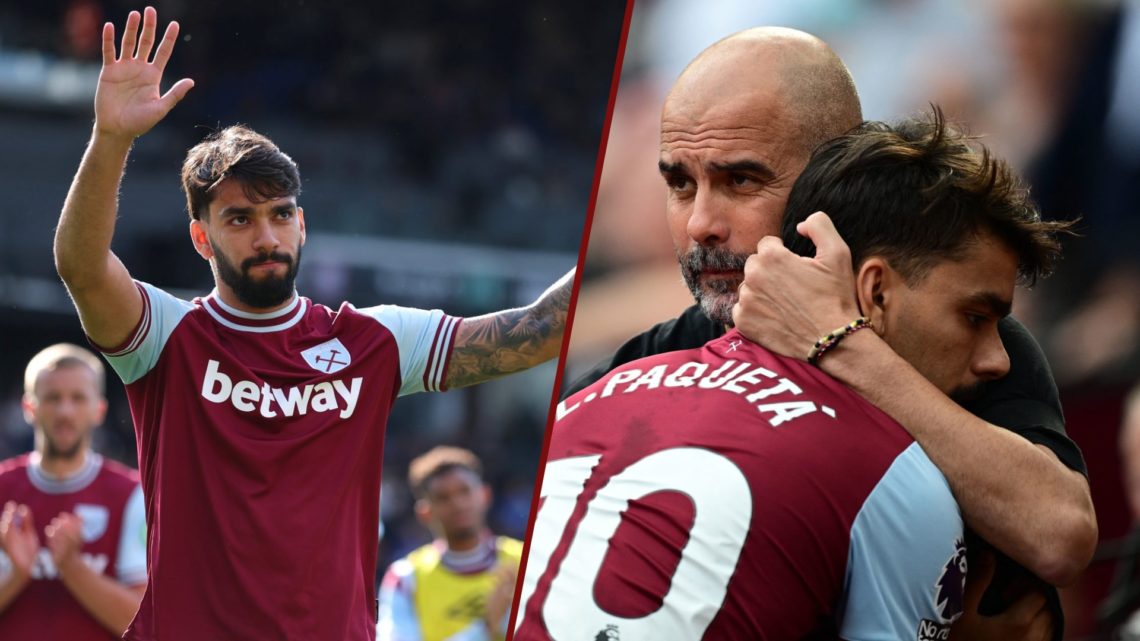 Split image showing West Ham star Lucas Paqueta and Manchester City coach Pep Guardiola