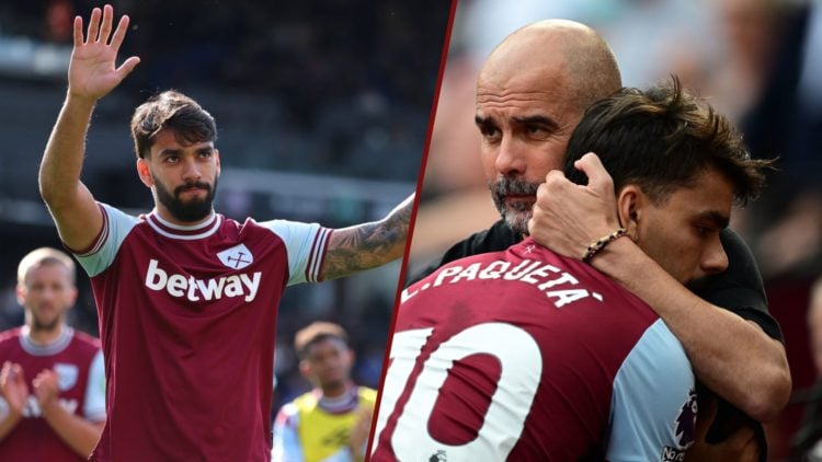 Split image showing West Ham star Lucas Paqueta and Manchester City coach Pep Guardiola