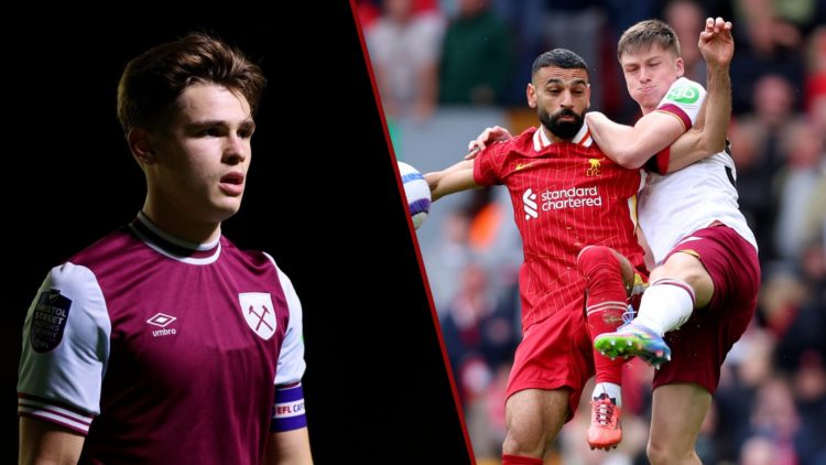 Split image showing West Ham starlet Lewis Orford and Ollie Scarles competing with Liverpool's Mo Salah