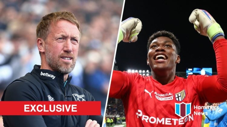 Split image showing West Ham manager Graham Potter and Parma goalkeeper Zion Suzuki
