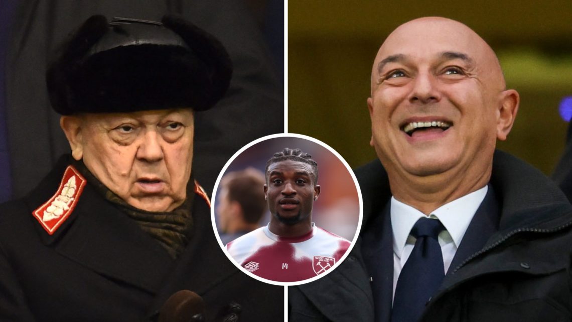 West Ham chief David Sullivan and Spurs chairman Daniel Levy. Inset, Hammers star Mohammed Kudus