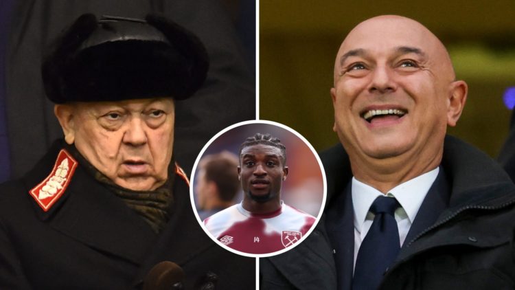 West Ham chief David Sullivan and Spurs chairman Daniel Levy. Inset, Hammers star Mohammed Kudus