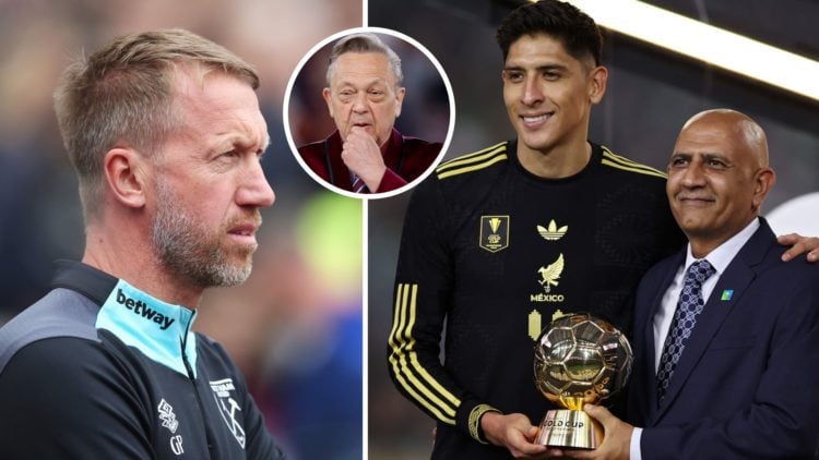 Mexico captain Edson Alvarez is awarded the Gold Cup player of the tournament trophy. Inset, West Ham head coach Graham Potter and Hammers chief Da...