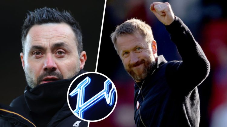 Former Brighton managers Roberto De Zerbi and Graham Potter, now with Marseille and West Ham. Inset, a crossed Hammers badge light