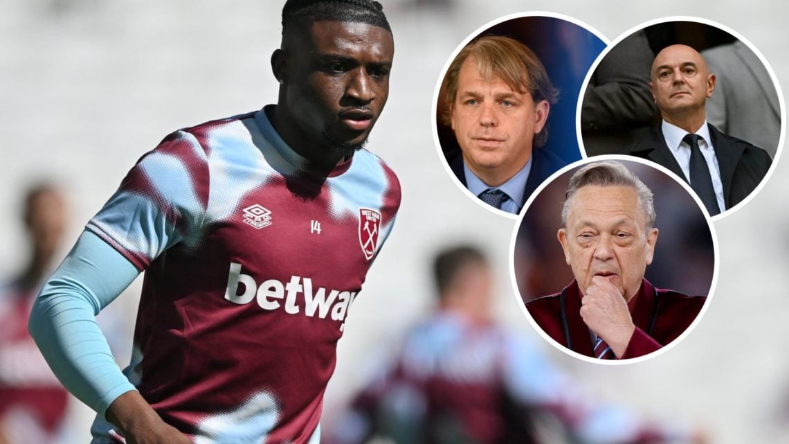 West Ham star Mohammed Kudus in training. Inset, Chelsea co-owner Todd Boehly, Spurs chairman Daniel Levy and Hammers chief David Sullivan