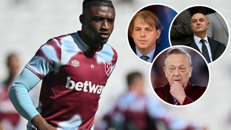 West Ham star Mohammed Kudus in training. Inset, Chelsea co-owner Todd Boehly, Spurs chairman Daniel Levy and Hammers chief David Sullivan
