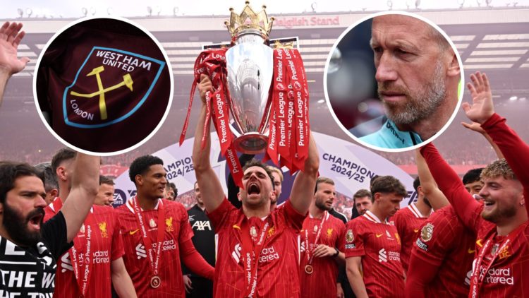 Late Liverpool star Diogo Jota lifts the Premier League trophy aloft at Anfield. Inset, West Ham head coach Graham Potter and a Hammers flag