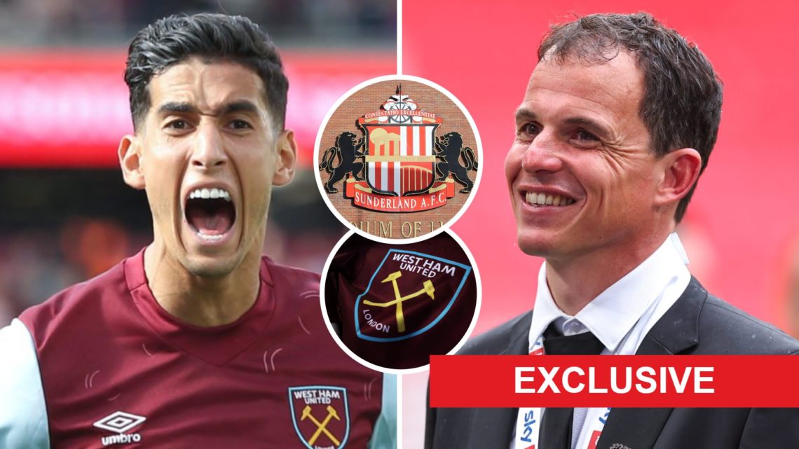 West Ham outcast Nayef Aguerd celebrates and Sunderland boss Regis Le Bris. Inset, the Hammers and Sunderland crests
