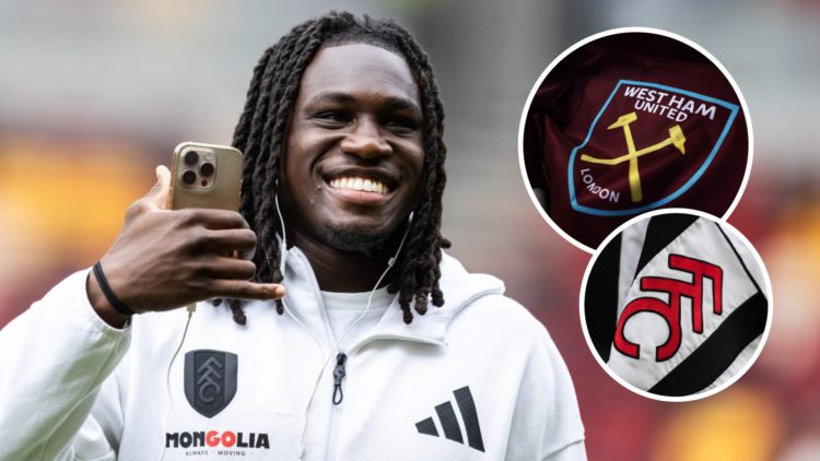 Fulham defender Calvin Bassey all smiles on the phone before a game. Inset, the West Ham and Fulham club crests on corner flags