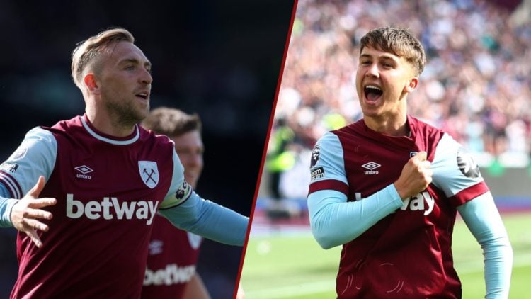Split image showing West Ham captain Jarrod Bowen and youngster George Earthy