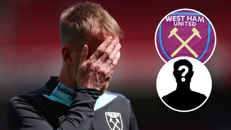 West Ham head coach Graham Potter holds his head in his hand. Inset, West Ham flag.