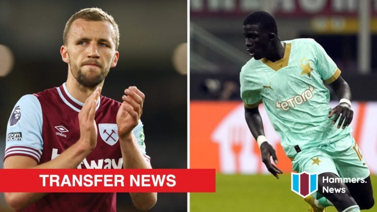 Split image showing West Ham midfielder Tomas Soucek and Slavia Prague left-back El Hadji Malick Diouf