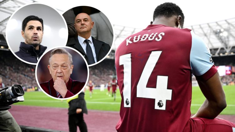 Mohammed Kudus does his trademark celebration after scoring for West Ham. Inset. Arsenal boss Mikel Arteta, Spurs chairman Daniel Levy and Hammers ...