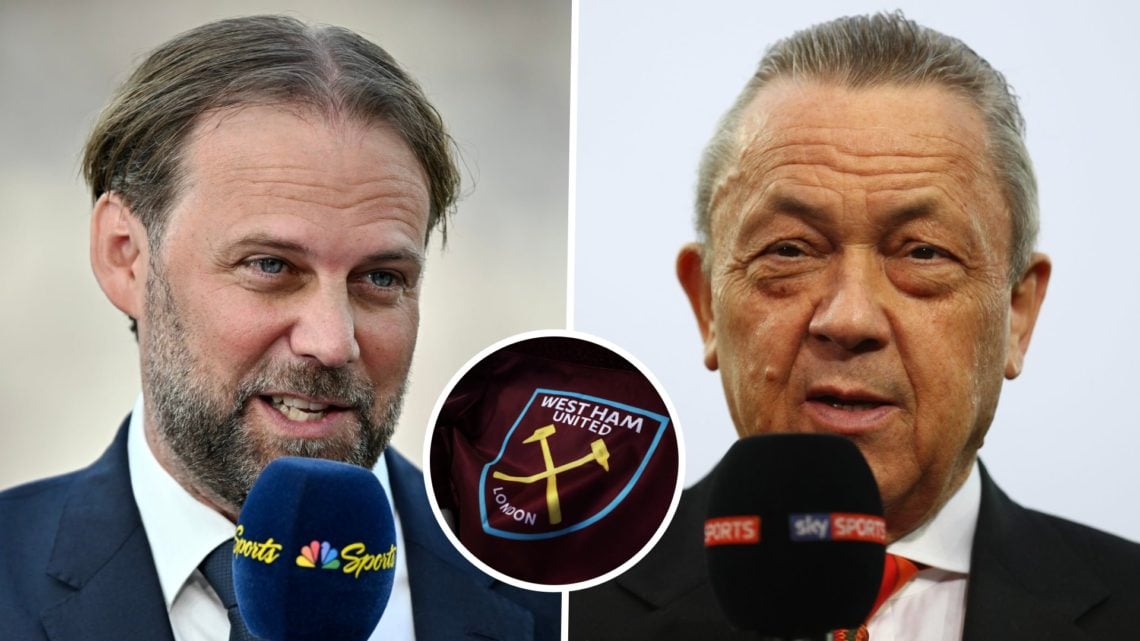 Former West Ham technical director Tim Steidten and Hammers chief David Sullivan. Inset, the West Ham badge on a corner flag