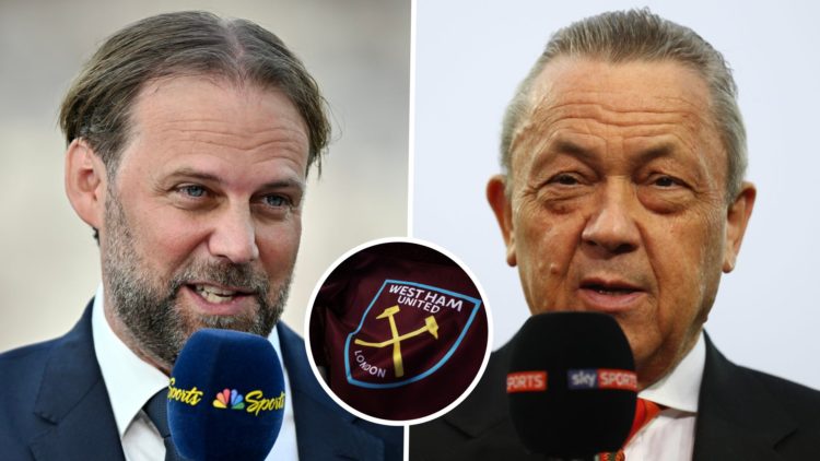 Former West Ham technical director Tim Steidten and Hammers chief David Sullivan. Inset, the West Ham badge on a corner flag