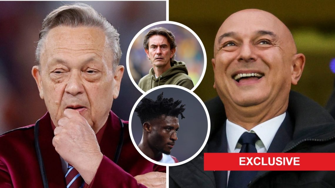 West Ham chief David Sullivan and Spurs chairman Daniel Levy. Inset, Mohammed Kudus and Thomas Frank