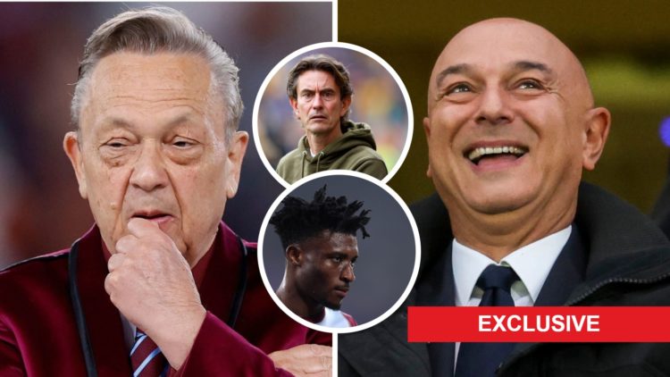 West Ham chief David Sullivan and Spurs chairman Daniel Levy. Inset, Mohammed Kudus and Thomas Frank