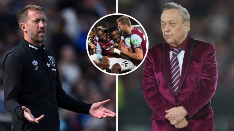 West Ham head coach Graham Potter asks why and co-owner David Sullivan stands arms folded. Inset, West Ham players celebrate with Mohammed Kudus